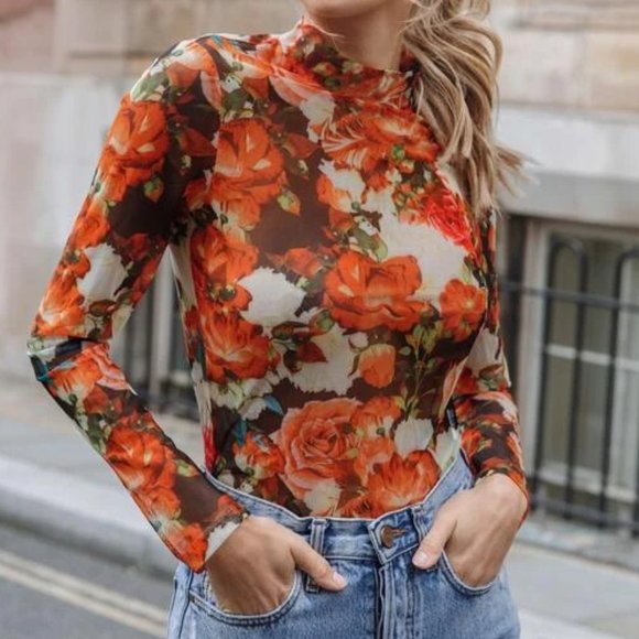 Tops - Orange Floral Mock Neck Mesh Top in M and L